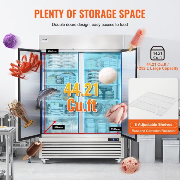 Refrigeration & Ice Equipment | Commercial Freezer 44.21 Cu.ft, Reach In 54.4″ W Upright Freezer 2 Doors, Auto-Defrost Stainless Steel Reach-in Freezer with 8 Adjustable Shelves, -13 to 5℉ Temp Control, LED Lighting, 4 Wheels Refrigeration & Ice Equipment Refrigeration & Ice Equipment