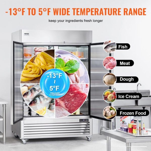 Refrigeration & Ice Equipment | Commercial Freezer 44.21 Cu.ft, Reach In 54.4″ W Upright Freezer 2 Doors, Auto-Defrost Stainless Steel Reach-in Freezer with 8 Adjustable Shelves, -13 to 5℉ Temp Control, LED Lighting, 4 Wheels Refrigeration & Ice Equipment Refrigeration & Ice Equipment