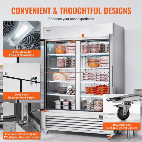 Refrigeration & Ice Equipment | Commercial Freezer 44.21 Cu.ft, Reach In 54.4″ W Upright Freezer 2 Doors, Auto-Defrost Stainless Steel Reach-in Freezer with 8 Adjustable Shelves, -13 to 5℉ Temp Control, LED Lighting, 4 Wheels Refrigeration & Ice Equipment Refrigeration & Ice Equipment