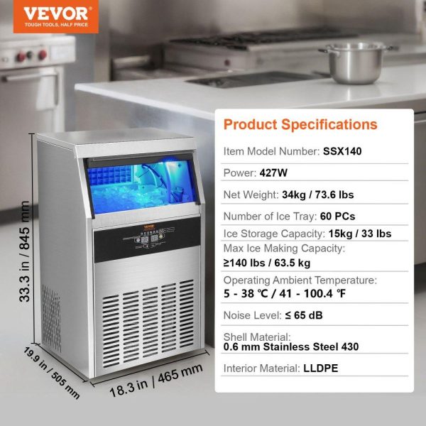 Refrigeration & Ice Equipment | Commercial Ice Maker, 140lbs/24H, Ice Maker Machine, 60 Ice Cubes in 12-15 Minutes, Freestanding Cabinet Ice Maker with 33lbs Storage Capacity LED Digital Display, for Bar Home Office Restaurant Refrigeration & Ice Equipment Refrigeration & Ice Equipment