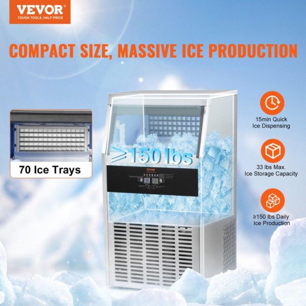 Refrigeration & Ice Equipment | Commercial Ice Maker, 150lbs/24H, Ice Maker Machine, 70 Ice Cubes in 12-15 Minutes, Freestanding Cabinet Ice Maker with 33lbs Storage Capacity LED Digital Display, for Bar Home Office Restaurant Refrigeration & Ice Equipment Refrigeration & Ice Equipment