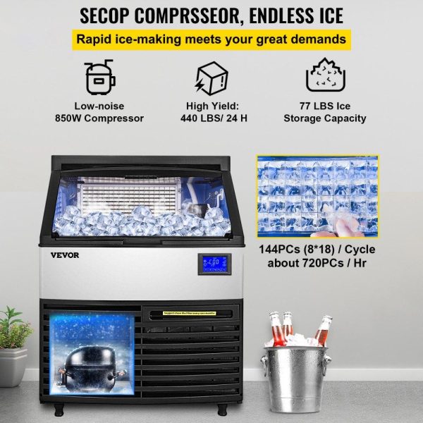 Refrigeration & Ice Equipment | Commercial Ice Maker Machine, 440LBS/24H ETL Approved Ice Machine Under Counter Ice Maker Machine with SECOP Compressor,77LBS Storage,Electric Water Drain Pump,Water Filter, 2 Scoops Included Refrigeration & Ice Equipment Refrigeration & Ice Equipment