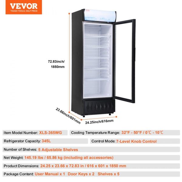 Refrigeration & Ice Equipment | Commercial Merchandiser Refrigerator, 12.2 Cu.Ft / 345L Beverage Refrigerator Cooler Merchandiser, Glass Door Display Refrigerator Upright Fridge with 5 Adjustable Shelves, Customizable Lightbox Refrigeration & Ice Equipment Refrigeration & Ice Equipment