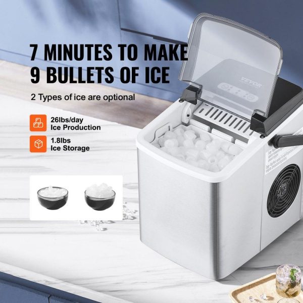 Refrigeration & Ice Equipment | Countertop Ice Maker, 9 Cubes Ready in 7 Mins, 26lbs in 24Hrs, Self-Cleaning Portable Ice Maker with Ice Scoop and Basket, Stainless Steel Ice Machine with 2 Size Bullet Ice for Home Kitchen Bar Refrigeration & Ice Equipment Refrigeration & Ice Equipment