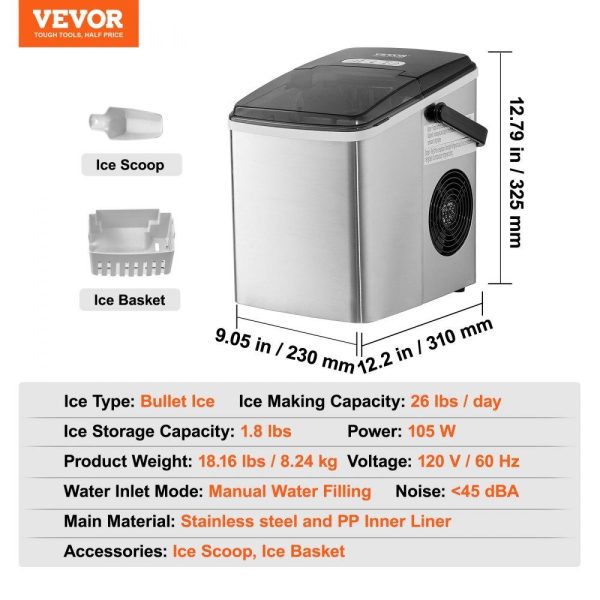 Refrigeration & Ice Equipment | Countertop Ice Maker, 9 Cubes Ready in 7 Mins, 26lbs in 24Hrs, Self-Cleaning Portable Ice Maker with Ice Scoop and Basket, Stainless Steel Ice Machine with 2 Size Bullet Ice for Home Kitchen Bar Refrigeration & Ice Equipment Refrigeration & Ice Equipment