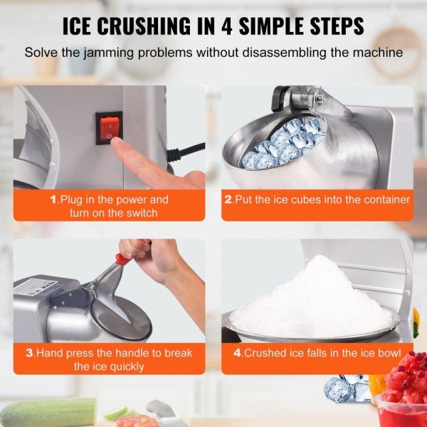 Refrigeration & Ice Equipment | Ice Crushers Machine, 220lbs Per Hour Electric Snow Cone Maker with 4 Blades, Stainless Steel Shaved Ice Machine with Cover and Bowl, 300W Ice Shaver Machine for Home and Commercial Use, Silver Silver Refrigeration & Ice Equipment Refrigeration & Ice Equipment