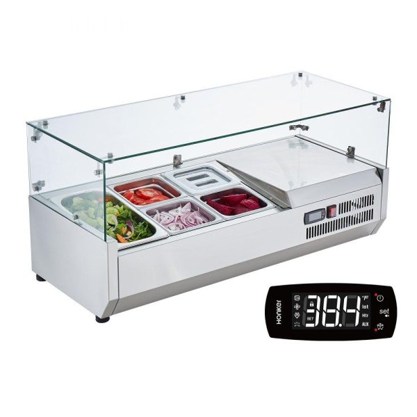 Refrigeration & Ice Equipment | Refrigerated Condiment Prep Station, 130 W Countertop Refrigerated Condiment Station, with 1 1/3 Pan & 4 1/6 Pans, 304 Stainless Body and PC Lid, Sandwich Prep Table with Glass Guard, ETL Refrigeration & Ice Equipment Refrigeration & Ice Equipment