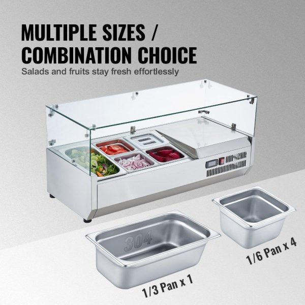 Refrigeration & Ice Equipment | Refrigerated Condiment Prep Station, 130 W Countertop Refrigerated Condiment Station, with 1 1/3 Pan & 4 1/6 Pans, 304 Stainless Body and PC Lid, Sandwich Prep Table with Glass Guard, ETL Refrigeration & Ice Equipment Refrigeration & Ice Equipment