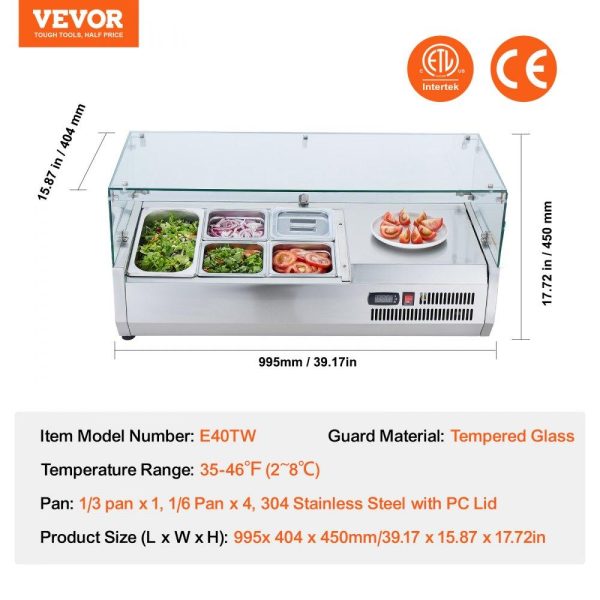 Refrigeration & Ice Equipment | Refrigerated Condiment Prep Station, 130 W Countertop Refrigerated Condiment Station, with 1 1/3 Pan & 4 1/6 Pans, 304 Stainless Body and PC Lid, Sandwich Prep Table with Glass Guard, ETL Refrigeration & Ice Equipment Refrigeration & Ice Equipment