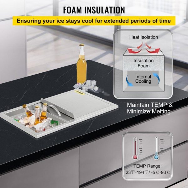 Beverage Equipment | Drop In Ice Chest 27L x 18W x 21H Inch with Sliding Cover, Stainless Steel Ice Cooler with Drain Tube and Drain Plug, Drop In Ice Bin Outdoor Kitchen for Cold Wine Beverage Beverage Equipment Beverage Equipment