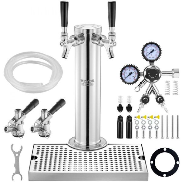 Beverage Equipment | Kegerator Tower Kit, Dual Taps Beer Conversion Kit, Stainless Steel Keg Beer Tower Dispenser with Dual Gauge CGA320 Regulator & D-System Keg Coupler, Beer Drip Tray for Party Home Beverage Equipment Beverage Equipment