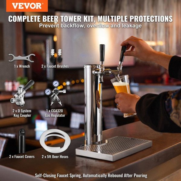 Beverage Equipment | Kegerator Tower Kit, Dual Taps Beer Conversion Kit, Stainless Steel Keg Beer Tower Dispenser with Dual Gauge CGA320 Regulator & D-System Keg Coupler, Beer Drip Tray for Party Home Beverage Equipment Beverage Equipment