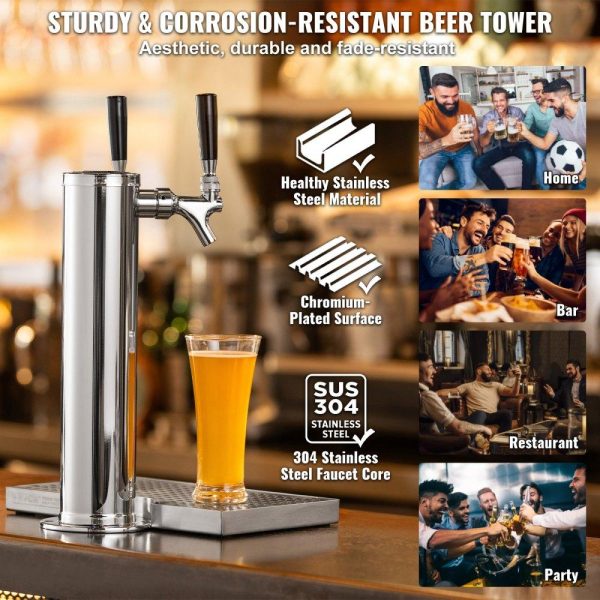 Beverage Equipment | Kegerator Tower Kit, Dual Taps Beer Conversion Kit, Stainless Steel Keg Beer Tower Dispenser with Dual Gauge CGA320 Regulator & D-System Keg Coupler, Beer Drip Tray for Party Home Beverage Equipment Beverage Equipment