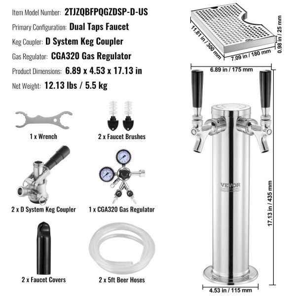 Beverage Equipment | Kegerator Tower Kit, Dual Taps Beer Conversion Kit, Stainless Steel Keg Beer Tower Dispenser with Dual Gauge CGA320 Regulator & D-System Keg Coupler, Beer Drip Tray for Party Home Beverage Equipment Beverage Equipment