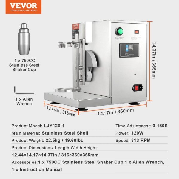 Beverage Equipment | Milkshake Maker Machine, 120W Commercial Milk Tea Shaker Machine, Single Head Milk Shake Mixer Machine, 0-180s Adjustable Milkshake Blender, with 750 ml Stainless Steel Cup, for Milk Tea Store Beverage Equipment Beverage Equipment