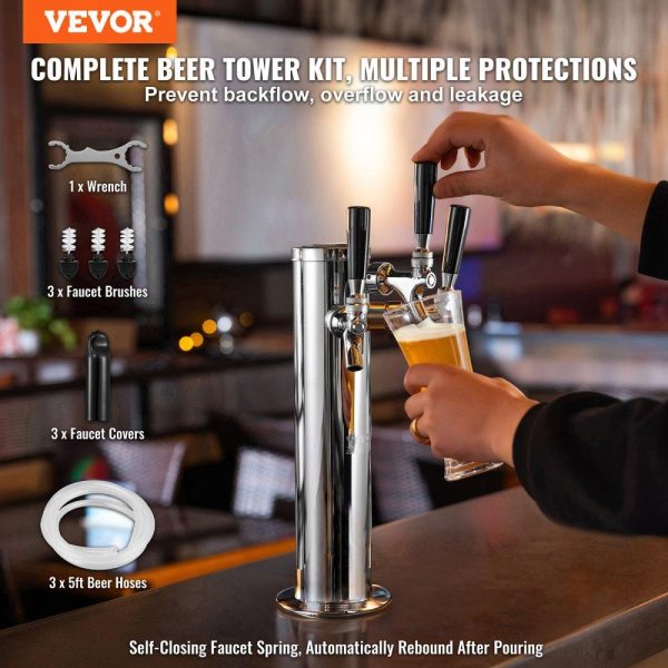 Beverage Equipment | Triple Taps Draft Beer Tower Dispenser, Stainless Steel Keg Beer Tower, Kegerator Tower Kit with Pre-Assembled Tubing and Self-Closing Faucet Shanks for Party, Bar, Pub, Restaurant Beverage Equipment Beverage Equipment