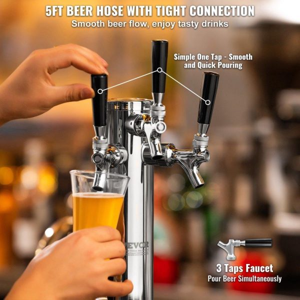 Beverage Equipment | Triple Taps Draft Beer Tower Dispenser, Stainless Steel Keg Beer Tower, Kegerator Tower Kit with Pre-Assembled Tubing and Self-Closing Faucet Shanks for Party, Bar, Pub, Restaurant Beverage Equipment Beverage Equipment