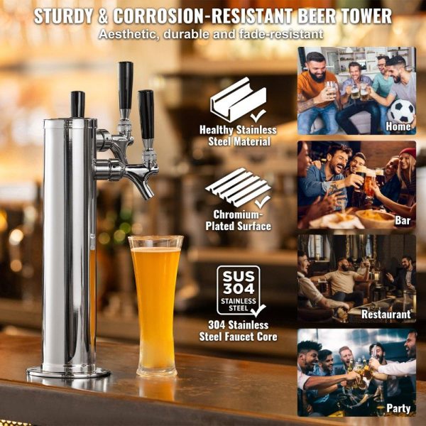 Beverage Equipment | Triple Taps Draft Beer Tower Dispenser, Stainless Steel Keg Beer Tower, Kegerator Tower Kit with Pre-Assembled Tubing and Self-Closing Faucet Shanks for Party, Bar, Pub, Restaurant Beverage Equipment Beverage Equipment