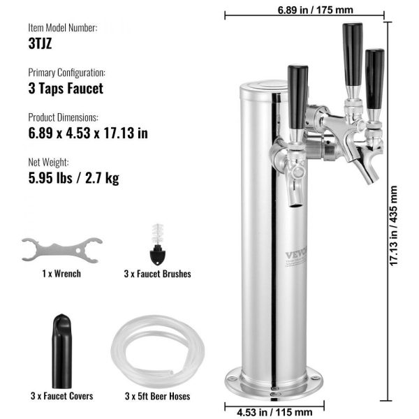 Beverage Equipment | Triple Taps Draft Beer Tower Dispenser, Stainless Steel Keg Beer Tower, Kegerator Tower Kit with Pre-Assembled Tubing and Self-Closing Faucet Shanks for Party, Bar, Pub, Restaurant Beverage Equipment Beverage Equipment