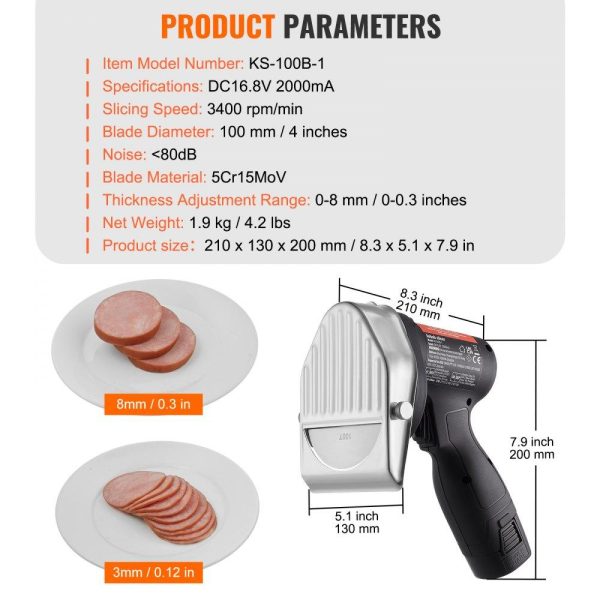 Food Preparation Equipment | Electric Shawarma Knife, 80W Cordless Battery Professional Turkish Knife, Commercial Stainless Steel Gyro Cutter, Doner Kebab Meat Slicer with 2 Blades, Φ4″/100mm, 0-8mm Adjustable Thickness Food Preparation Equipment Food Preparation Equipment