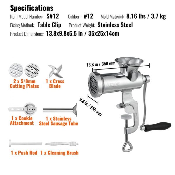 Food Preparation Equipment | Manual Meat Grinder, 304 Stainless Steel Hand Meat Grinder with Steel Table Clamp, Meat Mincer Sausage Maker & 2 Cutting Plates, Cookie Attachment, Sausage Tube for Beef Pepper Mushroom Cookie Food Preparation Equipment Food Preparation Equipment