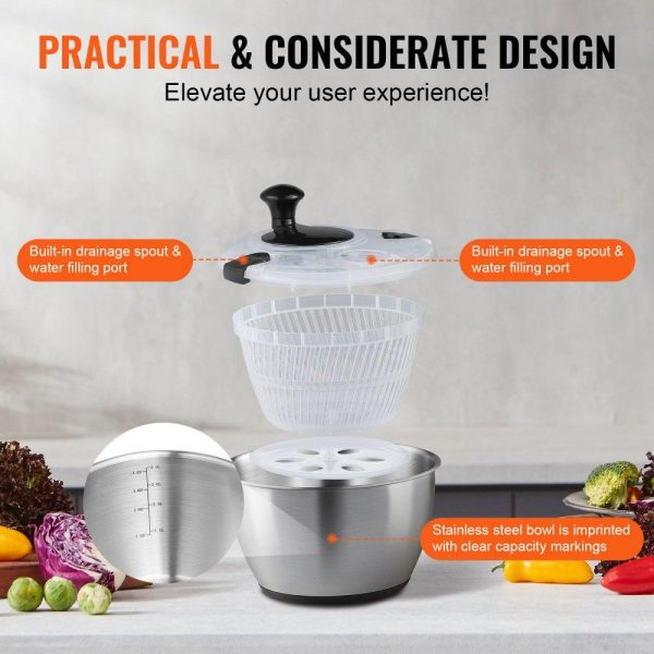 Food Preparation Equipment | Stainless Steel Salad Spinner, 4.75Qt, One-handed Easy Press Large Vegetable Dryer Washer, Lettuce Cleaner and Dryer with 304 Stainless Steel Bowl, for Greens, Herbs, Berries, Fruits, No BPA Food Preparation Equipment Food Preparation Equipment