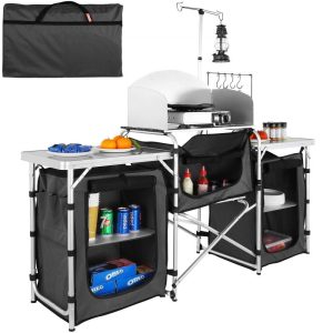 Restaurant Furniture | Camping Kitchen Table, Folding Outdoor Cooking Table with Storage Carrying Bag, Aluminum Cook Station 3 Cupboard & Detachable Windscreen, Quick Set-up for Picnics, BBQ, RV Traveling, Black Black Restaurant & Food Service Black