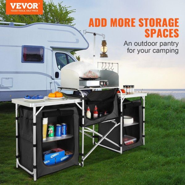 Restaurant Furniture | Camping Kitchen Table, Folding Outdoor Cooking Table with Storage Carrying Bag, Aluminum Cook Station 3 Cupboard & Detachable Windscreen, Quick Set-up for Picnics, BBQ, RV Traveling, Black Black Restaurant & Food Service Black