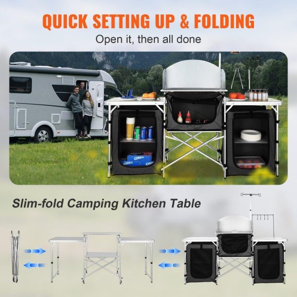 Restaurant Furniture | Camping Kitchen Table, Folding Outdoor Cooking Table with Storage Carrying Bag, Aluminum Cook Station 3 Cupboard & Detachable Windscreen, Quick Set-up for Picnics, BBQ, RV Traveling, Black Black Restaurant & Food Service Black