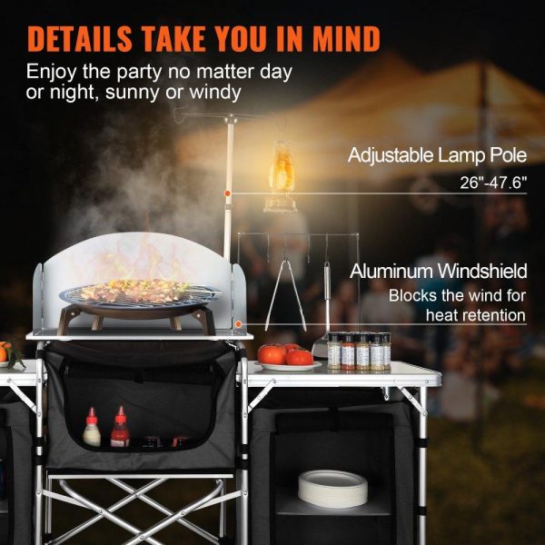 Restaurant Furniture | Camping Kitchen Table, Folding Outdoor Cooking Table with Storage Carrying Bag, Aluminum Cook Station 3 Cupboard & Detachable Windscreen, Quick Set-up for Picnics, BBQ, RV Traveling, Black Black Restaurant & Food Service Black