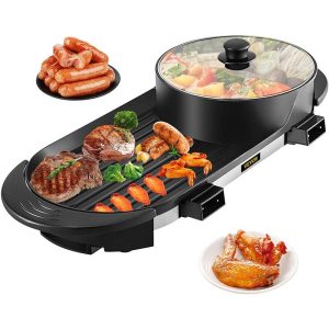 Cooking Equipment | 2 in 1 BBQ Grill and Hot Pot with Divider, Aluminum Alloy Electric BBQ Stove Hot Pot, Separate Dual Thermostat Teppanyaki Grill Pot with 5 Speed, for Family Dinner Friends Party Black Cooking Equipment Cooking Equipment