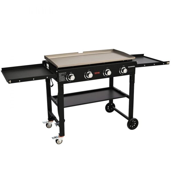 Cooking Equipment | Commercial Griddle on Cart, 36″ Heavy Duty Manual Flat Top Griddle, Outdoor Cooking Station with Side Shelves, Steel LPG Gas Griddle, 4-Burners Restaurant Portable Grill –  60,000 BTU Cooking Equipment Cooking Equipment