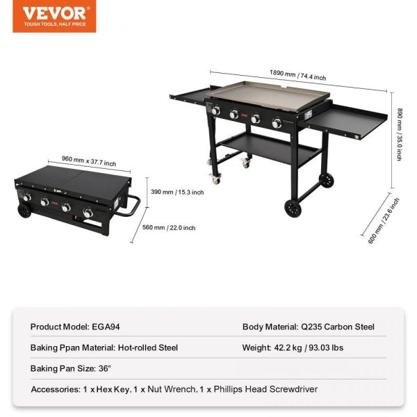 Cooking Equipment | Commercial Griddle on Cart, 36″ Heavy Duty Manual Flat Top Griddle, Outdoor Cooking Station with Side Shelves, Steel LPG Gas Griddle, 4-Burners Restaurant Portable Grill –  60,000 BTU Cooking Equipment Cooking Equipment