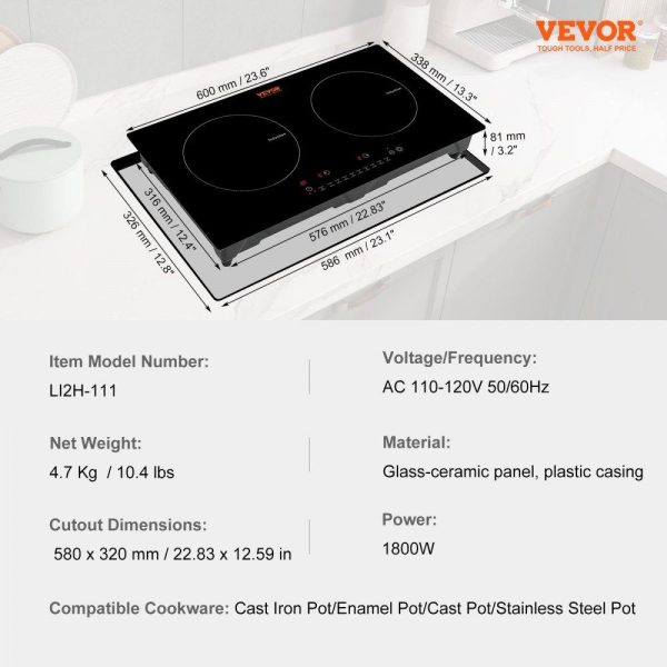 Cooking Equipment | Electric Cooktop, 2 Burners, 24” Induction Stove Top, Built-in Magnetic Cooktop 1800W, 9 Heating Level Multifunctional Burner, LED Touch Screen w/ Child Lock & Over-Temperature Protection Cooking Equipment Cooking Equipment