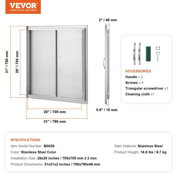 Restaurant Furniture | BBQ Access Door, 31W x 31H Inch Double Outdoor Kitchen Door, Stainless Steel Flush Mount Door, Wall Vertical Door with Handles, for BBQ Island, Grilling Station, Outside Cabinet Restaurant & Food Service Restaurant Furniture