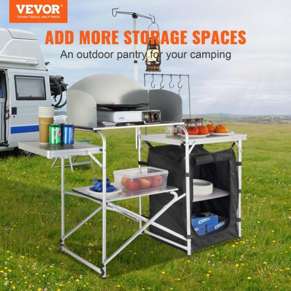 Restaurant Furniture | Camping Kitchen Table, Folding Outdoor Cooking Table with Storage Carrying Bag, Aluminum Cook Station 1 Cupboard & Detachable Windscreen, Quick Set-up for Picnics, BBQ, RV Traveling, Black Black Restaurant & Food Service Black