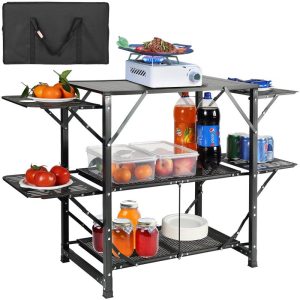 Restaurant Furniture | Camping Kitchen Table, One-piece Folding Portable Cook Station with A Carrying Bag, Aluminum Camping Table 4 Iron Side Tables & 2 Shelves, Ideal for Outdoor Picnics, BBQs, Camping, RV Traveling Restaurant & Food Service Restaurant Furniture