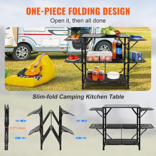 Restaurant Furniture | Camping Kitchen Table, One-piece Folding Portable Cook Station with A Carrying Bag, Aluminum Camping Table 4 Iron Side Tables & 2 Shelves, Ideal for Outdoor Picnics, BBQs, Camping, RV Traveling Restaurant & Food Service Restaurant Furniture