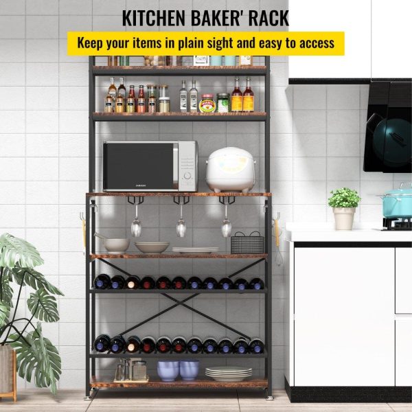 Restaurant Furniture | Kitchen Baker’s Rack, Coffee Bar, 6-Tier Microwave Oven Stand, Bakers Rack with Adjustable Wine Rack and 6 Side Hooks, Bakers Racks for Kitchens with Storage Restaurant & Food Service Restaurant Furniture