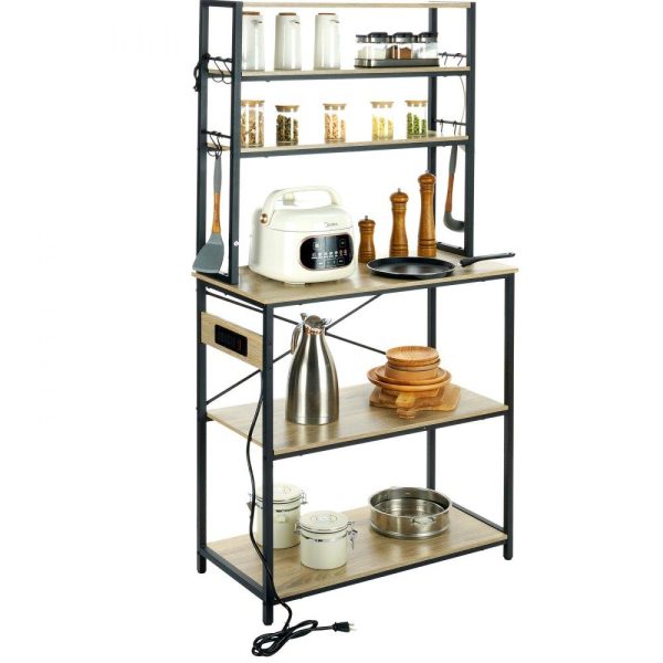 Restaurant Furniture | Kitchen Baker’s Rack with Power Outlets, 6-Tier Industrial Microwave Stand with Hutch & 6 S-Shaped Hooks, Multifunctional Coffee Station Organizer, Utility Kitchen Storage Shelf, Oak Restaurant & Food Service Restaurant Furniture