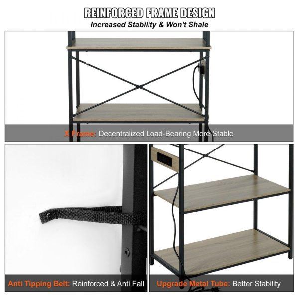 Restaurant Furniture | Kitchen Baker’s Rack with Power Outlets, 6-Tier Industrial Microwave Stand with Hutch & 6 S-Shaped Hooks, Multifunctional Coffee Station Organizer, Utility Kitchen Storage Shelf, Oak Restaurant & Food Service Restaurant Furniture