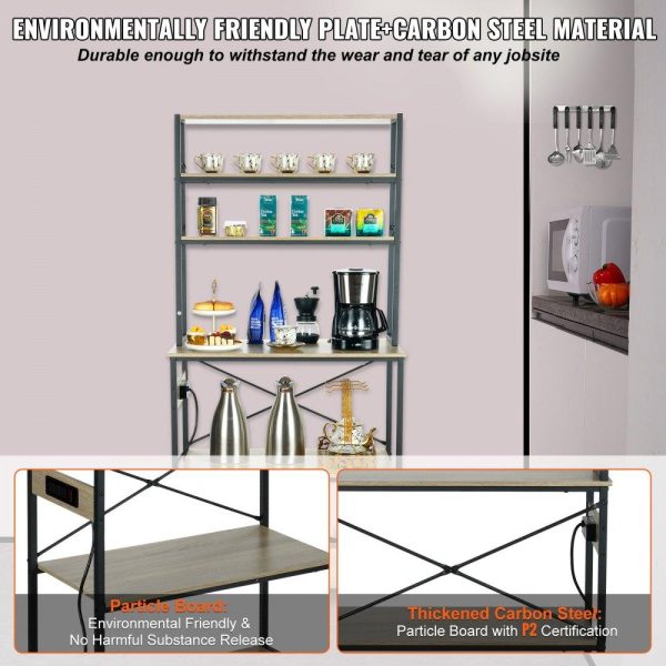 Restaurant Furniture | Kitchen Baker’s Rack with Power Outlets, 6-Tier Industrial Microwave Stand with Hutch & 6 S-Shaped Hooks, Multifunctional Coffee Station Organizer, Utility Kitchen Storage Shelf, Oak Restaurant & Food Service Restaurant Furniture