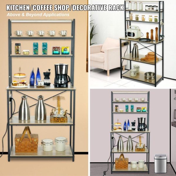 Restaurant Furniture | Kitchen Baker’s Rack with Power Outlets, 6-Tier Industrial Microwave Stand with Hutch & 6 S-Shaped Hooks, Multifunctional Coffee Station Organizer, Utility Kitchen Storage Shelf, Oak Restaurant & Food Service Restaurant Furniture