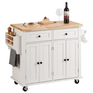 Restaurant Furniture | Kitchen Island Cart with Solid Wood Top, 35.4″ Width Mobile Carts with Storage Cabinet, Rolling Kitchen Table with Spice Rack, Towel Rack, and Drawer, Portable Islands on Wheels, White Restaurant & Food Service Restaurant Furniture