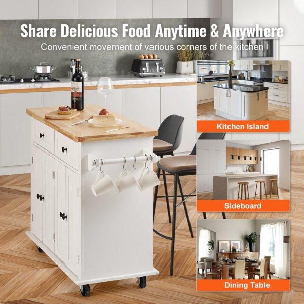 Restaurant Furniture | Kitchen Island Cart with Solid Wood Top, 35.4″ Width Mobile Carts with Storage Cabinet, Rolling Kitchen Table with Spice Rack, Towel Rack, and Drawer, Portable Islands on Wheels, White Restaurant & Food Service Restaurant Furniture