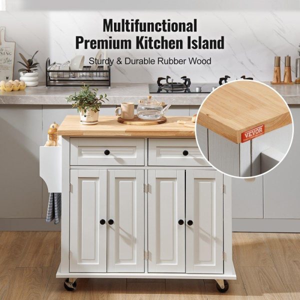 Restaurant Furniture | Kitchen Island Cart with Solid Wood Top, 35.4″ Width Mobile Carts with Storage Cabinet, Rolling Kitchen Table with Spice Rack, Towel Rack, and Drawer, Portable Islands on Wheels, White Restaurant & Food Service Restaurant Furniture