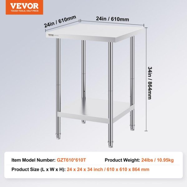 Restaurant Furniture | Stainless Steel Prep Table, 24 x 24 x 34 Inch, Heavy Duty Metal Worktable with 3 Adjustable Height Levels, Commercial Workstation for Kitchen Garage Restaurant Backyard Restaurant & Food Service Restaurant Furniture