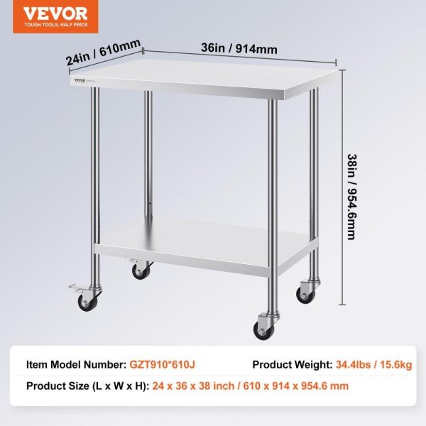 Restaurant Furniture | Stainless Steel Work Table 24 x 36 x 38 Inch, with 4 Wheels, 3 Adjustable Height Levels, Heavy Duty Food Prep Worktable for Commercial Kitchen Restaurant, Silver Restaurant & Food Service Restaurant Furniture