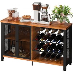 Restaurant Furniture | Wine Bar Cabinet with Removable Wine Rack, Wine Table for Liquor with Glass Holder, Wine Rack and Metal Sideboard, Farmhouse Wood Coffee Bar for Living Room, (47 Inch, Rustic Oak) Restaurant & Food Service Restaurant Furniture