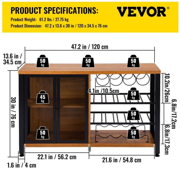 Restaurant Furniture | Wine Bar Cabinet with Removable Wine Rack, Wine Table for Liquor with Glass Holder, Wine Rack and Metal Sideboard, Farmhouse Wood Coffee Bar for Living Room, (47 Inch, Rustic Oak) Restaurant & Food Service Restaurant Furniture